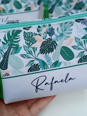 Necessaire personalizada floral, verde tropical com nome