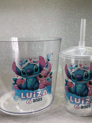 Stitch e angel - kit balde de pipoca c/ copo 300ml