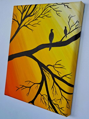 Mini quadro pássaros em árvore morta pintado a mão 30x25cm
