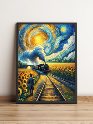 Quadro trem em campo de girassóis noite estrelada 1061