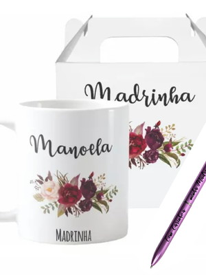 Kit madrinha caneta, caneca e caixinha personalizadas