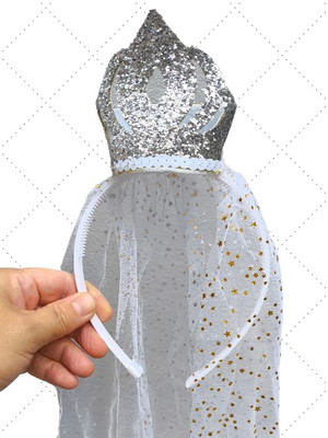 Tiara princesa de coroa com véu de tule - prata