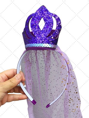 Tiara princesa de coroa com véu de tule - roxa