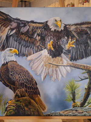 Pintura em tela de duas águias americanas