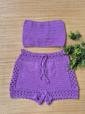 Shorts de crochê top retangular conjunto crochê