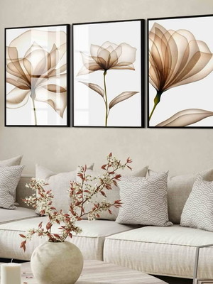 Kit 3 quadros flores douradas modernas molduras