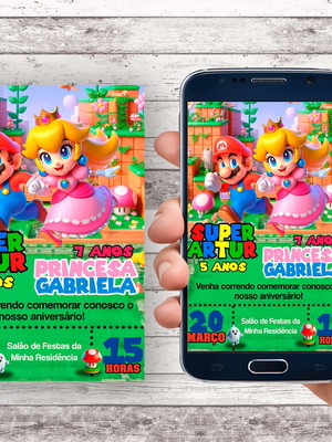 Convite virtual - duplo - mario bross e princesa peach