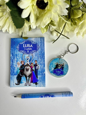 Bloquinho personalizado com lápis e chaveiro frozen