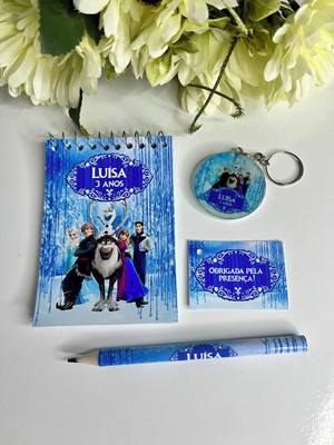 Bloquinho personalizado com lápis e chaveiro frozen
