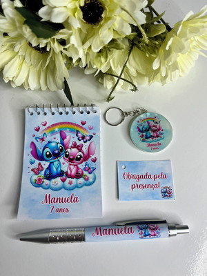 Bloquinho personalizado com caneta e chaveiro stich