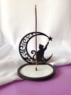 Incensário gatinho na lua - maubia - 12cm - mdf
