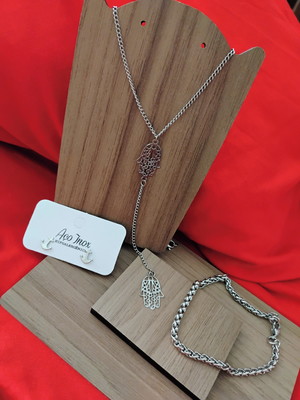 Kit com colar tipo gravatinha brinco e pulseira trançada em