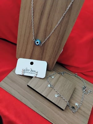 Kit com colar olho grego brinco e tornozeleira em aço inox h