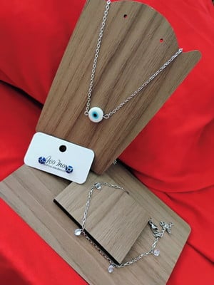 Kit com colar olho grego brinco e tornozeleira em aço inox h