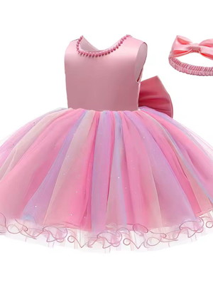 Vestido infantil festa arco-íris rosa luxo (181-r)
