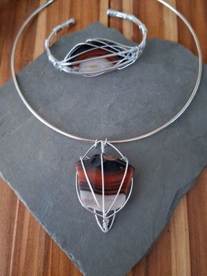 Pedra agata marrom chapa conjunto bracelete gargantilha