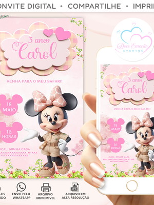 Convite digital minnie safari rosa