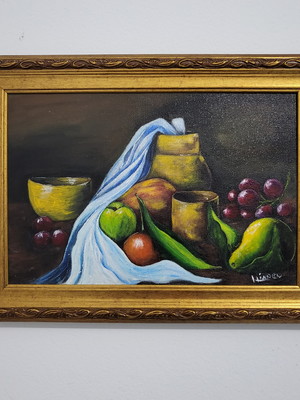 Quadro de frutas natureza morta com lenço