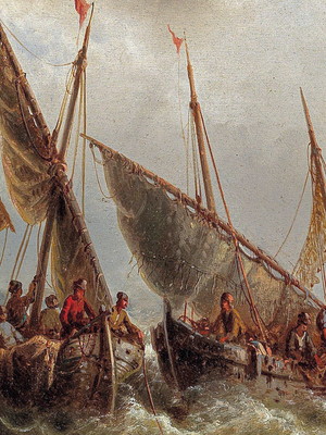 Quadro clássico de albert rieger - pescadores trabalhando.