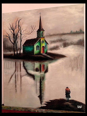 Pintura oleo igreja paisagem com nevoas