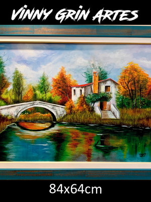 Pintura oleo paisagem com casario