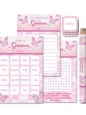 120 kits com bingo para chá de bebê + 2 brincadeiras + lápis