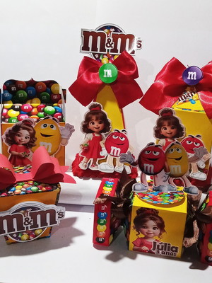 Kit festa tema m&ms 50 caixinhas personalizadas desmontado