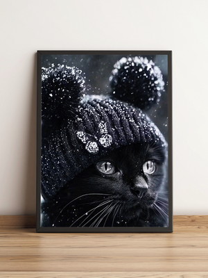 Quadro gato preto com touca de inverno 1375