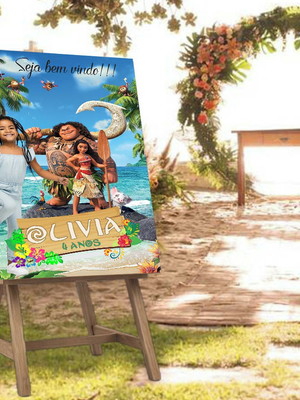 Placa de recepção moana com foto da criança