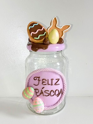 Pote de vidro para páscoa decorado com biscuit