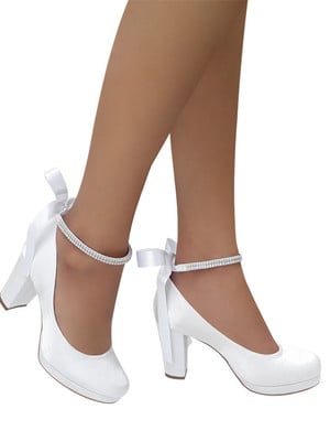 Sapato de noiva boneca branco meia pata salto alto grosso