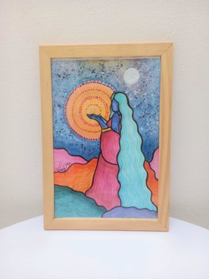 Quadro mulher mística sol e lua aquarela