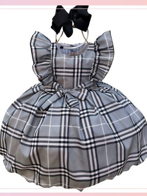 Vestido infantil xadrez cinza tartan festas luxo