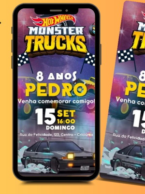 Convite monster truck animado digital hotwells