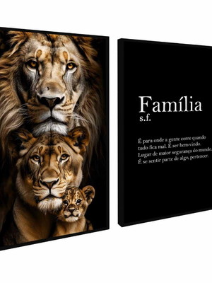 Quadro decorativo leão familia com vidro 60x60