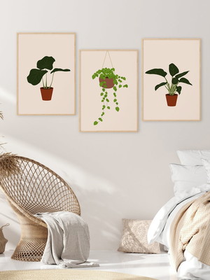 Kit 3 quadros decoração jardim folhagens vasos suspensos
