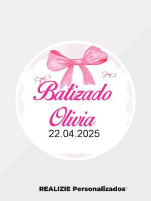 Adesivo de batizado com laço rosa