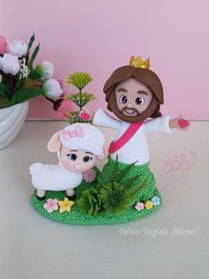 Topo de bolo em biscuit jesus e a ovelhinha