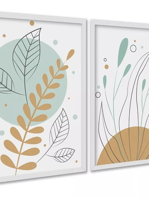 Kit 2 quadros boho plantas tons pastéis verde