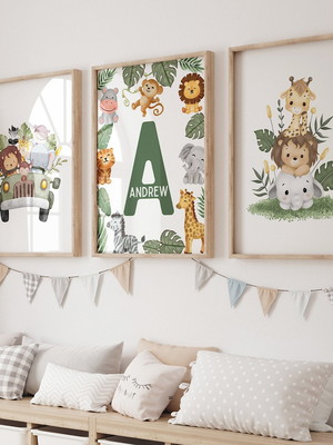 Kit com 3 quadros safari animais baby decoração quarto bebê