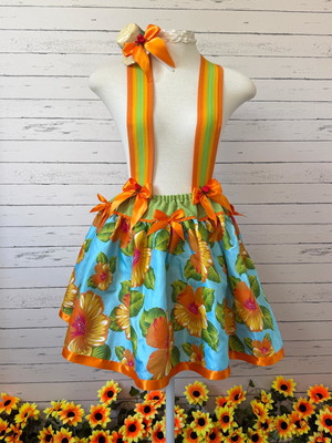 Saia junina floral laranja com suspensório e tiara adulto