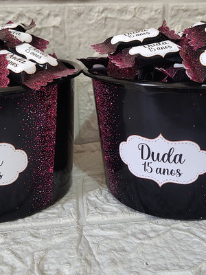2 baldes com 200 balas personalizadas preto com glitter pink