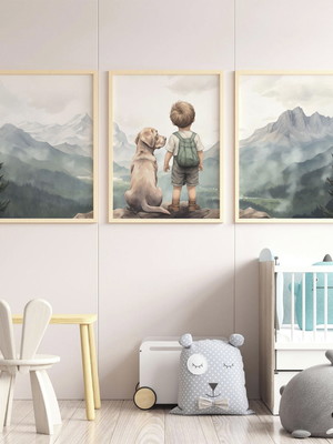 Kit com 3 quadros menino montanhas cachorro decoração quarto