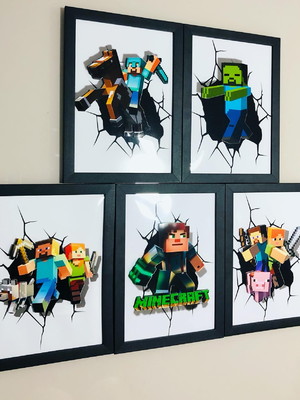5 quadros decorativos minecraft moldura 3d (sem relevo)