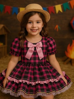 Vestido junino infantil 1 a 4 anos xadrez rosa