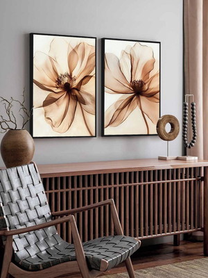 Kit 2 quadro flores douradas floridas luxo
