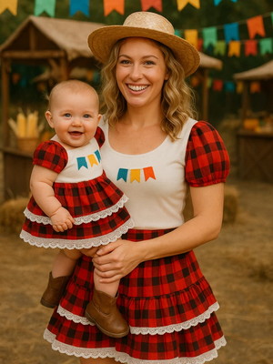 Conjunto mãe e filha festa junina bandeirinhas