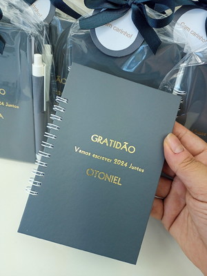 Lembrança corporativa bloco capa dura e caneta gratidão
