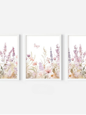 Kit 3 quadros menina flores decoração quarto bebê lilás rosa