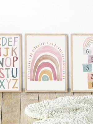Kit 3 quadros infantil alfabeto arco íris números amarelinha